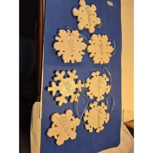 7 Ceramic Christmas Ornaments Unbranded Snowflake Wish Believe Dream White Slvr.